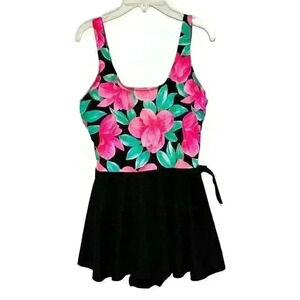 Vintage Sea Fair Beach Floral Side Tie One Piece Summer Swimsuit Skirt USA Small